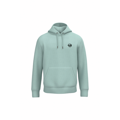 A light mint green pullover hoodie with a small black circular graphic on the left chest, displayed on a solid white background.