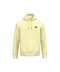 A pale yellow pullover hoodie with a small black circular graphic on the left chest, shown against a plain white background.
