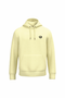 A pale yellow pullover hoodie with a small black circular graphic on the left chest, shown against a plain white background.