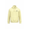A pale yellow pullover hoodie with a small black circular graphic on the left chest, shown against a plain white background.