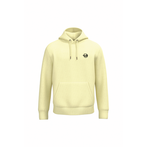 A pale yellow pullover hoodie with a small black circular graphic on the left chest, shown against a plain white background.