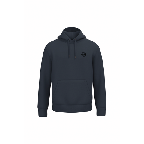 A dark navy blue pullover hoodie with a small black circular graphic on the left chest, displayed on a clean white background.