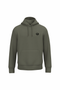 An olive green pullover hoodie with a small black circular logo on the left chest, displayed on a clean white background.