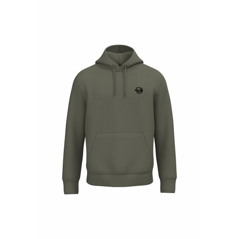 An olive green pullover hoodie with a small black circular logo on the left chest, displayed on a clean white background.