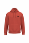 A rust-orange pullover hoodie with a small black circular graphic on the left chest, displayed on a clean white background.