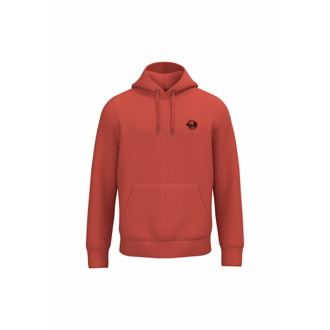 A rust-orange pullover hoodie with a small black circular graphic on the left chest, displayed on a clean white background.