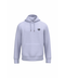 A light lavender-gray pullover hoodie with a small black circular graphic on the left chest, shown against a plain white background.