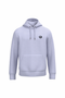 A light lavender-gray pullover hoodie with a small black circular graphic on the left chest, shown against a plain white background.