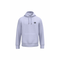 A light lavender-gray pullover hoodie with a small black circular graphic on the left chest, shown against a plain white background.