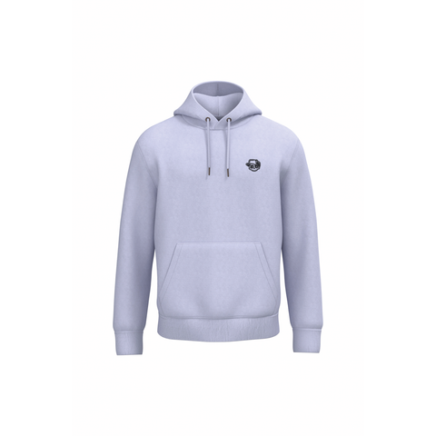 A light lavender-gray pullover hoodie with a small black circular graphic on the left chest, shown against a plain white background.