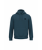 A dark teal blue pullover hoodie with a small black circular graphic on the left chest, displayed on a solid white background.