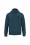 A dark teal blue pullover hoodie with a small black circular graphic on the left chest, displayed on a solid white background.
