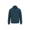 A dark teal blue pullover hoodie with a small black circular graphic on the left chest, displayed on a solid white background.