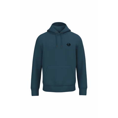 A dark teal blue pullover hoodie with a small black circular graphic on the left chest, displayed on a solid white background.