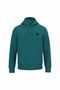 A teal green pullover hoodie with a small black circular graphic on the left chest, displayed on a solid white background.