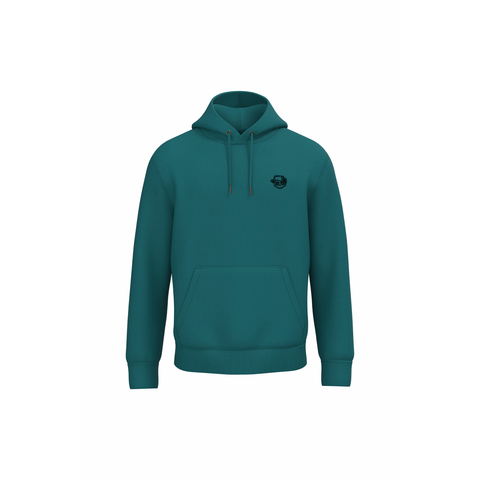 A teal green pullover hoodie with a small black circular graphic on the left chest, displayed on a solid white background.