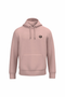 A dusty pink pullover hoodie with a small black circular graphic on the left chest, displayed on a clean white background.