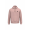 A dusty pink pullover hoodie with a small black circular graphic on the left chest, displayed on a clean white background.