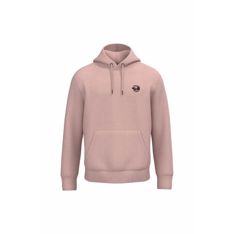 A dusty pink pullover hoodie with a small black circular graphic on the left chest, displayed on a clean white background.