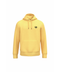 A yellow pullover hoodie with a small black circular graphic on the left chest, displayed on a solid white background.