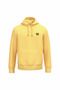 A yellow pullover hoodie with a small black circular graphic on the left chest, displayed on a solid white background.