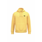 A yellow pullover hoodie with a small black circular graphic on the left chest, displayed on a solid white background.