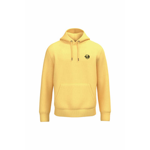 A yellow pullover hoodie with a small black circular graphic on the left chest, displayed on a solid white background.