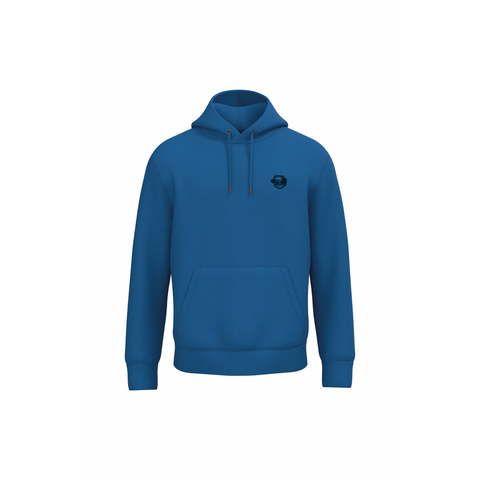 A royal blue pullover hoodie with a small black circular graphic on the left chest, displayed on a clean white background.