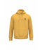 A mustard yellow pullover hoodie with a small black circular graphic on the left chest, displayed on a solid white background.