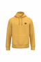 A mustard yellow pullover hoodie with a small black circular graphic on the left chest, displayed on a solid white background.