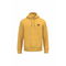 A mustard yellow pullover hoodie with a small black circular graphic on the left chest, displayed on a solid white background.