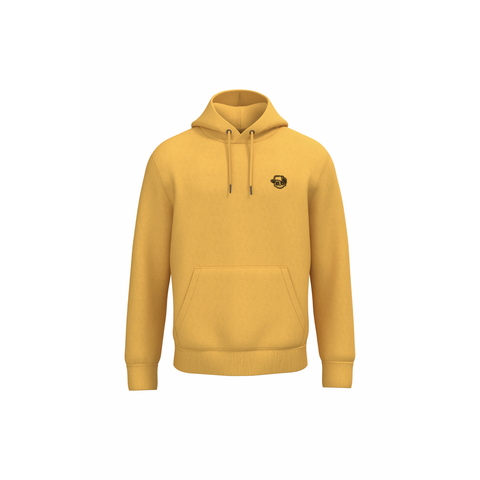 A mustard yellow pullover hoodie with a small black circular graphic on the left chest, displayed on a solid white background.