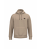 A beige pullover hoodie with a small black circular graphic on the left chest, displayed on a solid white background.