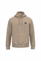 A beige pullover hoodie with a small black circular graphic on the left chest, displayed on a solid white background.