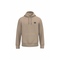 A beige pullover hoodie with a small black circular graphic on the left chest, displayed on a solid white background.