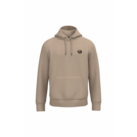 A beige pullover hoodie with a small black circular graphic on the left chest, displayed on a solid white background.