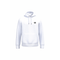 A white pullover hoodie with a small black circular graphic on the left chest, displayed on a solid white background.