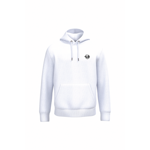 A white pullover hoodie with a small black circular graphic on the left chest, displayed on a solid white background.