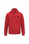 A red pullover hoodie with a small black circular logo on the left chest, displayed on a clean white background.