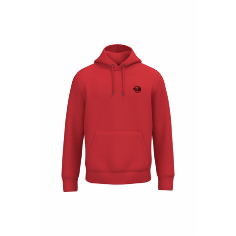 A red pullover hoodie with a small black circular logo on the left chest, displayed on a clean white background.