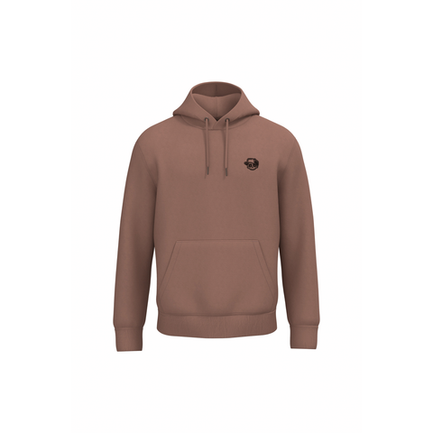 A dusty rose brown pullover hoodie with a small black circular graphic on the left chest, displayed on a clean white background.