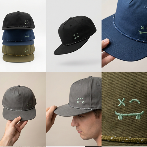 Six-panel collage showing a flat-brim baseball cap in multiple colors and close-up views. The cap has a small embroidered face graphic on the front and decorative contrast stitching around the brim and crown.