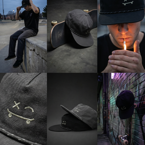 A six-panel collage showcasing a black and gray flat-brim cap with a small embroidered skateboard graphic. The panels feature a male model in a skatepark, close-ups of the cap resting on concrete, and the cap hanging on a brick wall at night.