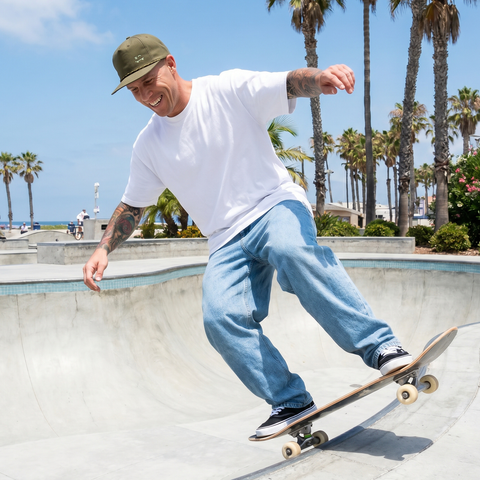 A man wearing a white t-shirt, light blue jeans, black sneakers, and an olive green cap is skateboarding in a concrete bowl at a beach skatepark with palm trees in the background.