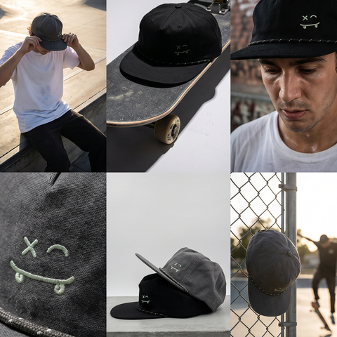 A six-panel collage showcasing a black flat-brim cap with a green embroidered skateboard face and a small white 'XC' logo. The panels feature a model wearing the cap in a skatepark, close-ups of the cap on a skateboard and fence, and a detailed view of the green embroidery.