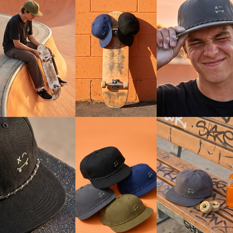 A six-panel collage showcasing a brand's baseball caps in various outdoor lifestyle settings, including a skateboarder, a man wearing a cap, and multiple close-ups of the caps on different colored backgrounds.