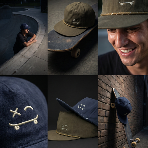 A six-panel collage showcasing a skateboard-themed cap. The designs feature a cream embroidered skateboard graphic with a crosshair on the front panels and a matching flat brim.
