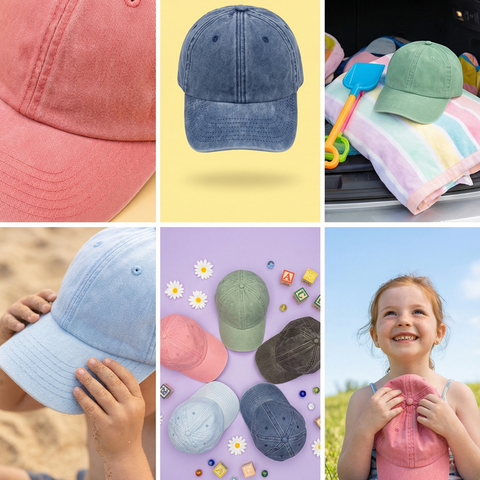 A six-panel collage showcasing children's baseball caps in various colors and lifestyle settings: a close-up of a pink cap, a blue cap on a yellow background, a green cap on a rainbow blanket in a car, a light blue cap being held by a child on a beach, a group of caps with daisies on a lavender background, and a smiling girl wearing a pink cap outdoors.
