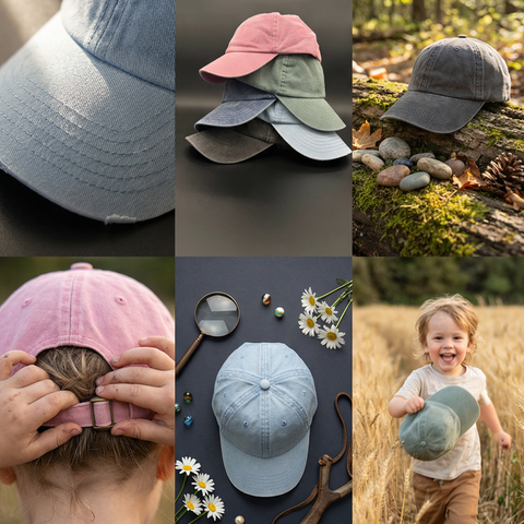 A six-panel collage showcasing children's baseball caps in various settings: a close-up of a light blue cap, a stack of pastel caps, a gray cap on mossy logs, a pink cap being adjusted on a child's head, a light blue cap with decorative props, and a child running through a wheat field holding a green cap.