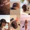 A six-panel collage showcasing a brown baseball cap with pink embroidered text 'LATE BUT GREAT' in various beach and lifestyle settings, including on sand, hanging on a beach bag, worn by a woman, and on a wooden table with seashells and a camera.